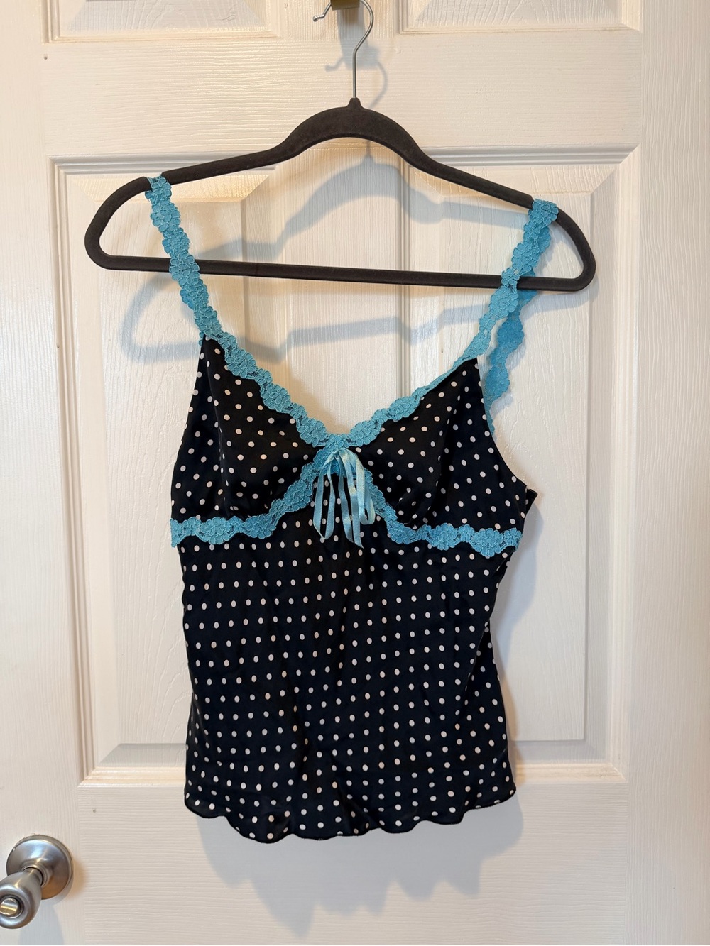 Spenser Jeremy Black Polka Dot Camisole with Aqua Lace Trim